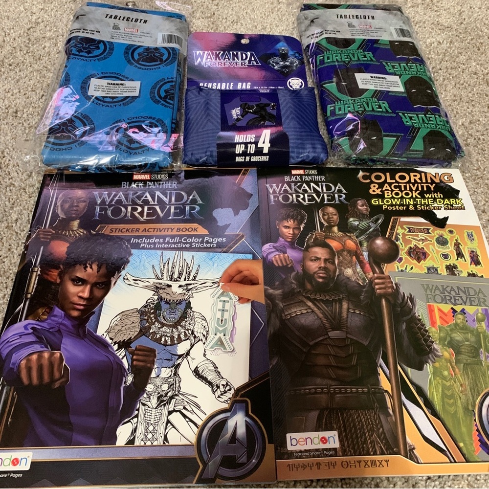 2 Wakanda 4 ever table cloths, 2 interactive coloring books w stickers /reusable